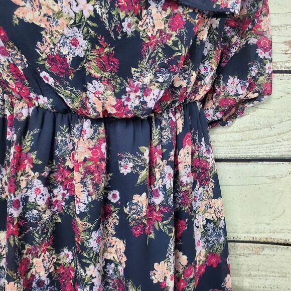 Maurices Women’s S Floral Cold Shoulder Dress Navy Pink Ruffle Off Shoulder Halt - Picture 2 of 12